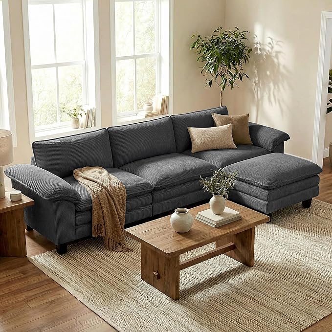 HOMCOM Modular Sectional Sofa Couch 124" Oversized L Shape Sectional Cloud Couch with Deep Seat, Movable Ottoman and Pillow-top Armrests for Living Room, Bedroom and Apartment, Dark Gray | Deep seat