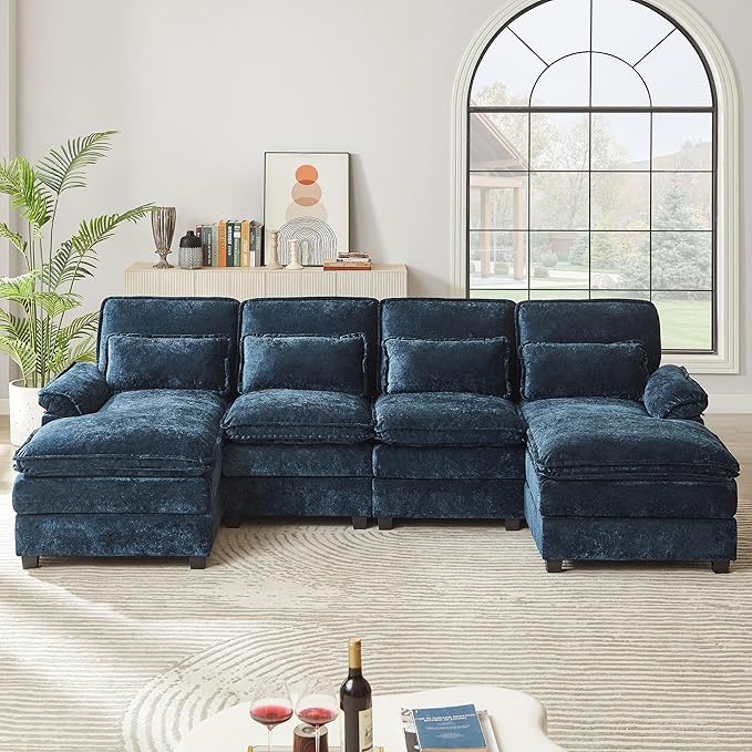 112" Modular Sectional Sofa, U Shaped Comfy Cloud Couch with Double Chaise and Padded Armrests, Modern Deep Seat Sectional Couches for Living Room, Apartment, Office, Dark Blue