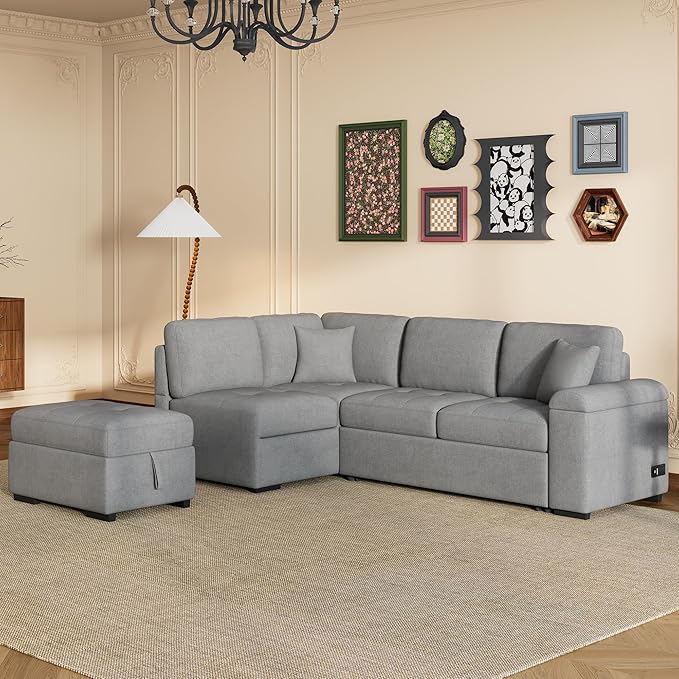 LUMISOL 87.4" Convertible Sectional Sofa with Storage Ottoman, L-Shaped Sleeper Sofa with Pull Out Bed, Storage Arm & USB Ports, Modern Velvet Sofa Couch with Chaise for Living Room, Grey