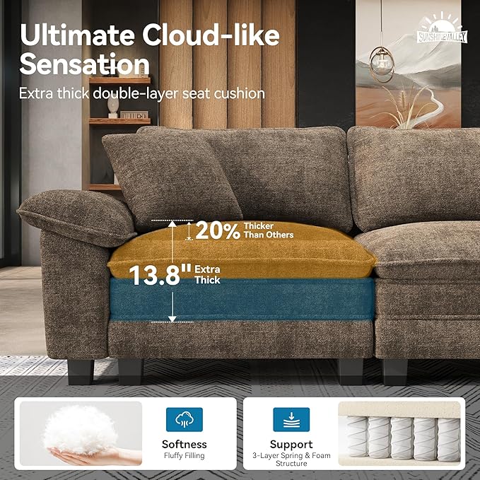 3 Piece Living Room Sofa Furniture Set, Chenille Modular Loveseat, Cloud Chair, and 3-Seat Couch with Pillow, Oversized 6-Seat Modern Sectional Deep Sofa for Apartment, Taupe