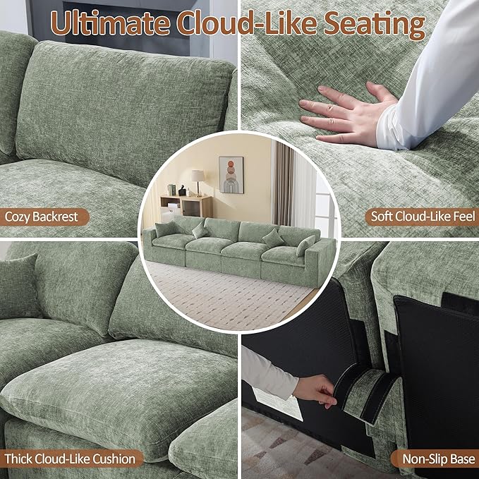 146''Cloud Boneless Sectional Couch, Modular Sectional Sofa Deep Seat, Oversized Upholstered Convertible Comfy 4 Seater Chenille Memory Foam Sofa Couches for Living Room, Green