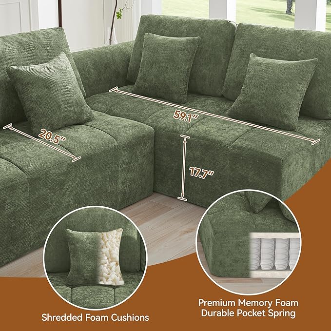 140''Modular Sectional Couches for Living Room, Cloud Boneless Compressed Sectional Sofa, Oversized 4 Seater Upholstered Memory Foam Sofa, No Assembly, Chenille Green