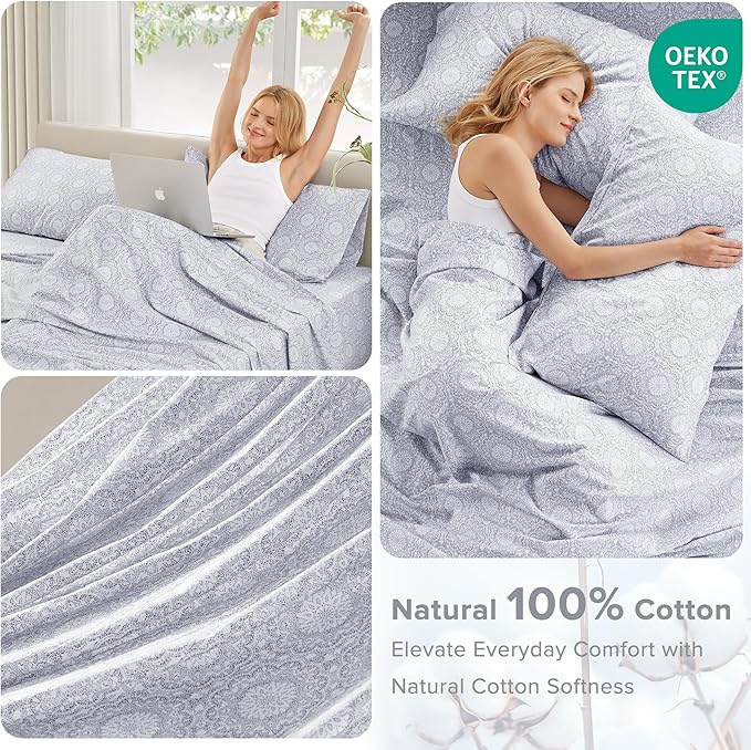 Comfort Spaces 100% Cotton Sheets Queen, Breathable, Naturally Cool Cotton Sheets, Soft Cotton Bed Sheets with 14" Elastic Pocket Fits up to 16" Mattress, All Seasons Sheet Set, Adelia Gray 4 Piece
