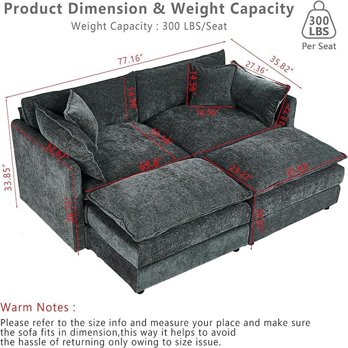 Setawix Deep Loveseat Couch with Ottomans,Large 2 Seater Lounger Cloud Couches for Living Room,77.16" Chenille Cloud Sofas with Deep Seat,Modular Sectional Sleeper Sofa for Bedroom(Grey, 2+2)