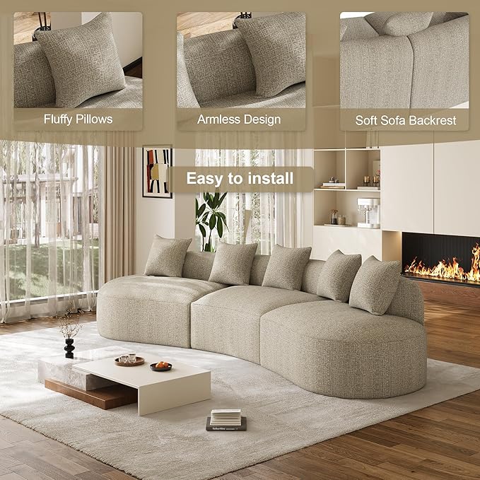 134" Curved Modular Sectional Sofa for Living Room, Modern Chenille Oversized Cloud Couch, Plush Luxury 6-Seater Extra Deep Seat Boucle Boneless Sofa, No Assembly Required, Light Brown