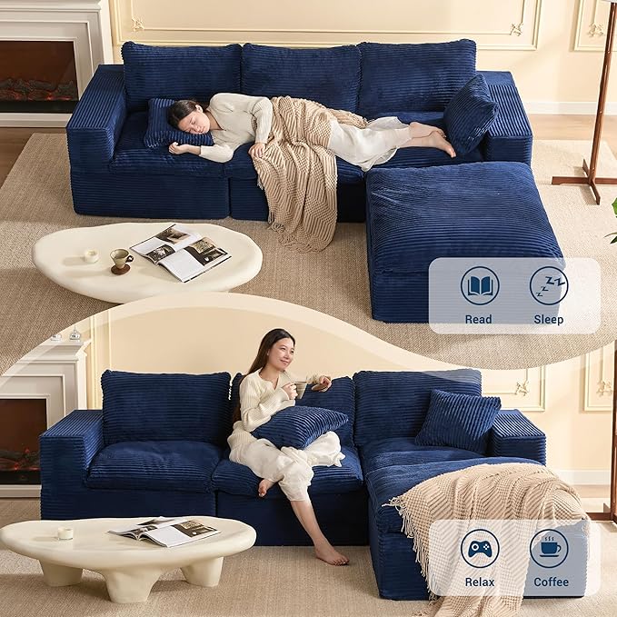 106.3” Sectional Couches for Living Room, Set of Cloud Couch, Modular Sectional Sofa, Convertible Sofas Bed, Deep Seat Sofa, L Shaped Cozy Sofa Furniture Set, Corduroy, Blue