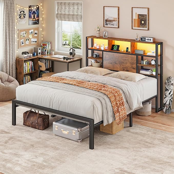 Full Size Bed Frame with Storage Headboard, LED Lights & Charging Station Heavy Duty Metal Platform Bed for Small Bedrooms, 1100 LBS Capacity, No Box Spring Needed, Easy Assembly,Vintage Brown