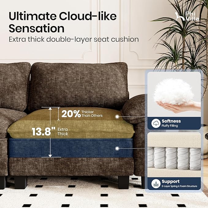 PHI VILLA Cloud Modular Couches Sets, 157.5" Sectional Sofa with Upholstered Deep Seat, 4-Seater Long Couches for Living Room Apartment, Chenille Fabric, Taupe