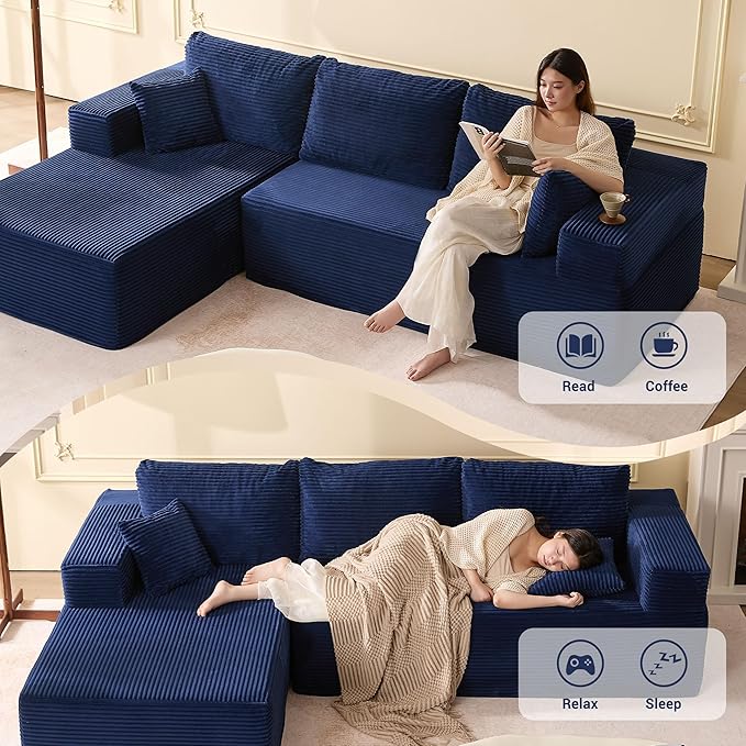 107" Boneless Couch with Deep Seat, Set of Modular Sectional Sofa, Cloud Sectional Couch for Living Room, No Assembly Required, Corduroy, L-Shape Left, Blue