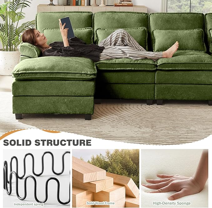 112" Modular Sectional Sofa, U Shaped Comfy Cloud Couch with Double Chaise and Padded Armrests, Modern Deep Seat Sectional Couches for Living Room, Apartment, Office, Green