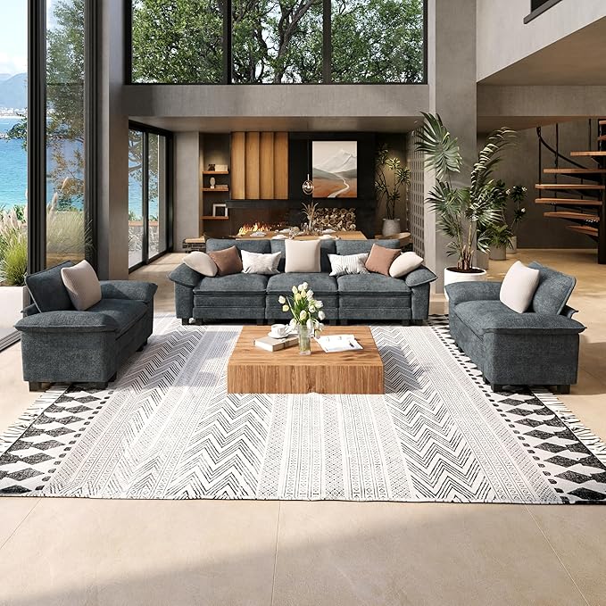 3 Piece Living Room Sofa Furniture Set, Chenille Modular 2 Loveseat and 3-Seat Couch with Wider Armrest and Pillow, 7-Seat Modern Sectional Cloud Deep Seat for Apartment, Cyan