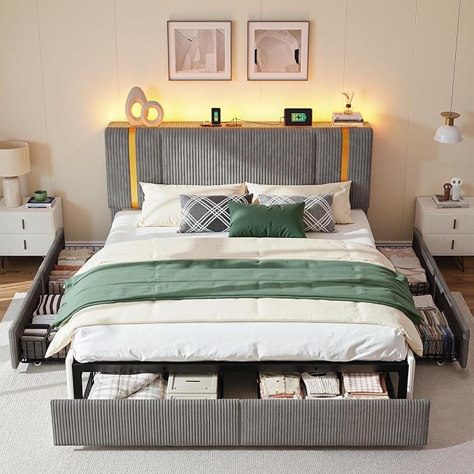 Homkdom King Size Bed Frame with 6 Storage Drawers, Soft Upholstered Bed Frame King with Adjustable Tall Corduroy Headboard, LED Light & Charging Station, 1200-LB Heavy Duty Metal Support,Modern,Grey