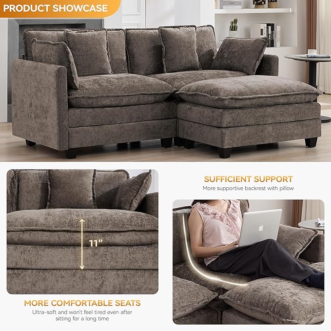 76'' Cloud Deep Seat Loveseat Sofa, Upholstered Chenille Modular 2-Seats Sectional Sofa Couch with Movable Ottoman, Modern Comfy Settee Loveseat for Living Room Set, Small Apartment, Brown