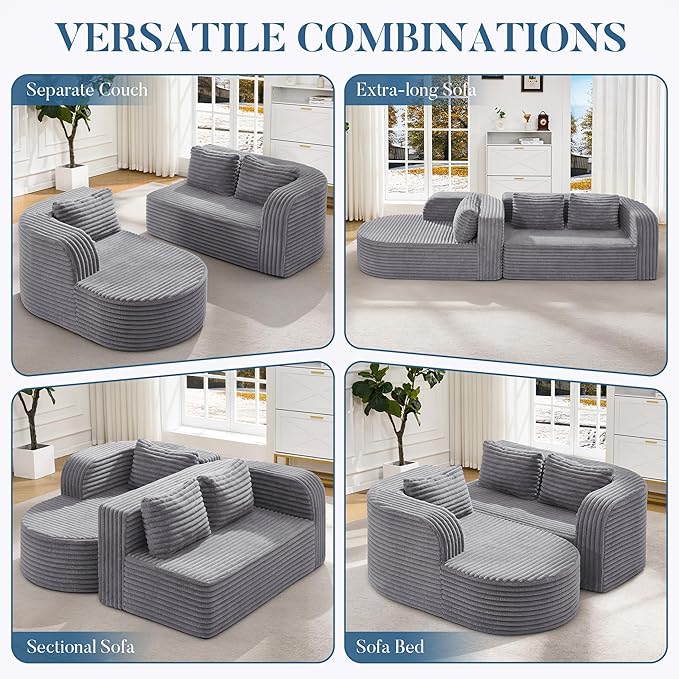 Hobestluk 96" Cloud Sectional Couch Modern Boneless Couch 3 Seater with Oversized Chaise L Shaped Modular Sofa for Living Room Apartment No Assembly Required (Stripe Lightgrey,Left Facing Chaise)