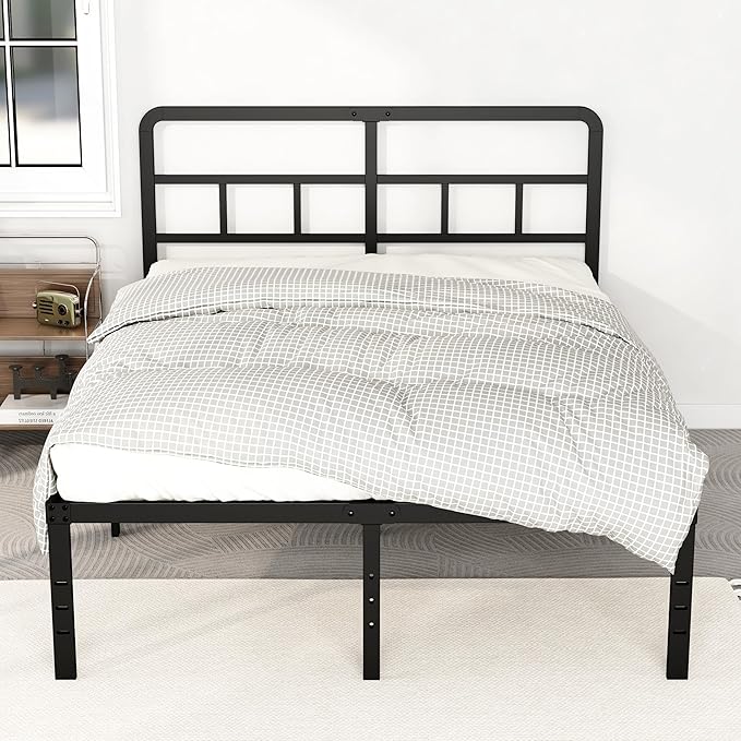 DiaOutro 18 Inch Full Size Bed Frame with Headboard No Box Spring Needed, Heavy Duty Metal Platform with Steel Slat, Mattress Foundation, Easy Assembly, Noise Free, Black