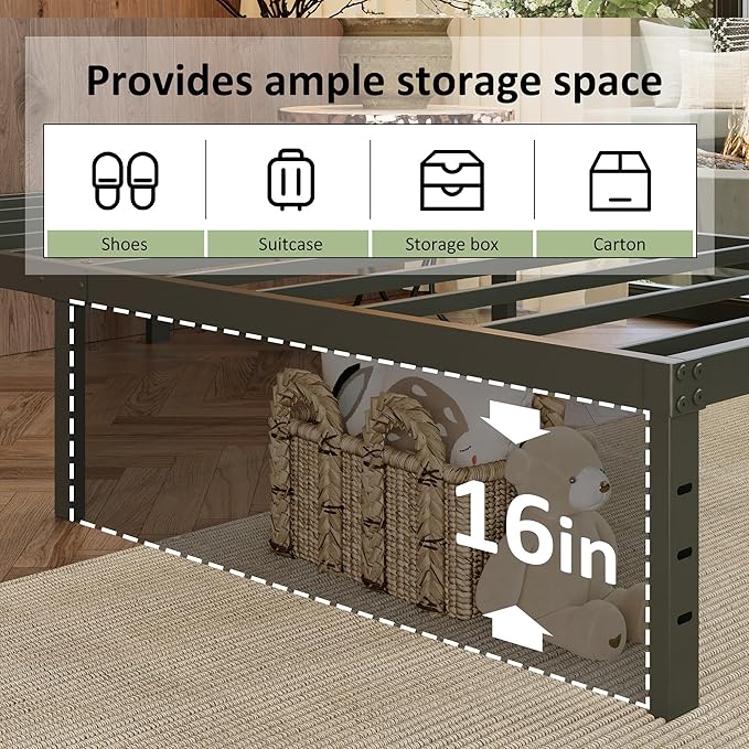 EMODA 18 Inch California King Bed Frames with White Cover, Heavy Duty Metal Cal King Platform Bed Frame No Box Spring Needed, Noise Free