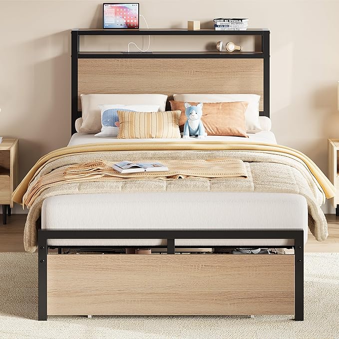 LIKIMIO Twin XL Bed Frames with Drawer, Storage Headboard with Outlets, No Box Spring Needed, Easy Assembly, Wood Color