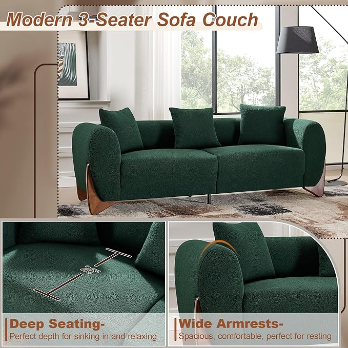 87" Sherpa Boucle Cloud Couch Modern 3 Seater Sofa with Solid Wood Legs, 25" Extra Deep Seat, Comfy Thick Cushion Upholstered Sofa Couches with 3 Pillows for Living Room, Green