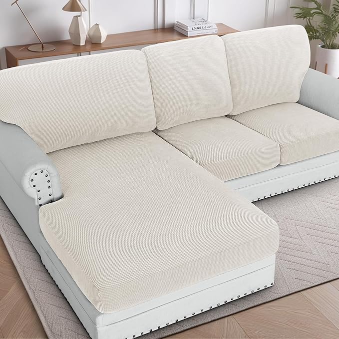 H.VERSAILTEX 2025 New Sectional Couch Covers 6 Pieces Stretch Sofa Covers for Sectional Sofa Set Separate L Shaped Couch Cover for Both Left/Right Couch (Seat and Back: 1 Chaise + 2 Sofa, Ivory)