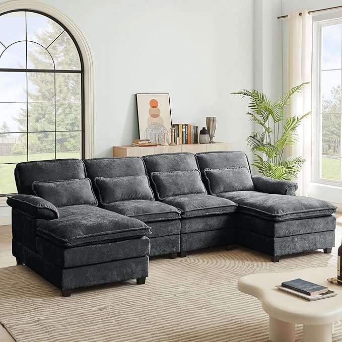 112" Modular Sectional Sofa, U Shaped Comfy Cloud Couch with Double Chaise and Padded Armrests, Modern Deep Seat Sectional Couches for Living Room, Apartment, Office, Dark Grey