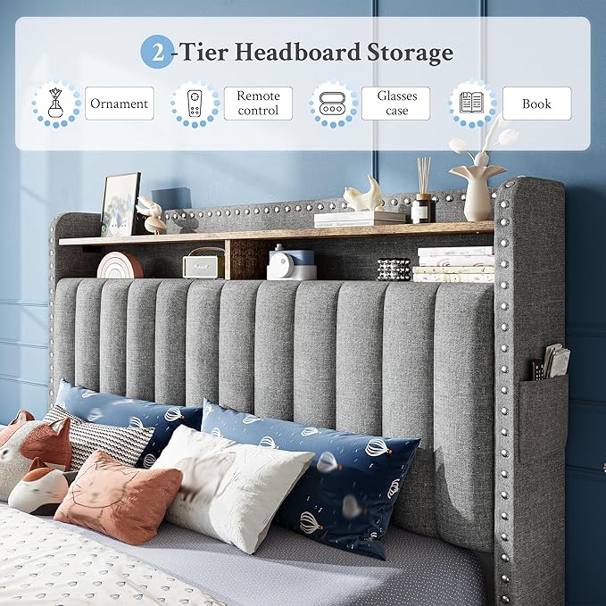EnHomee Full Size Bed Frame, Upholstered Full Bed Frame with 2 Storage Drawers and 2-Tier Headboard, Vertical Tufted Headboard Design, Extra Storage Space for Bedroom Apartment, Grey