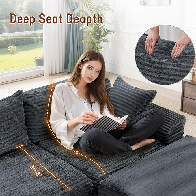 110" L-Shaped Modular Sectional Sofa with Chaise, Boneless Comfy Corduroy Fluffy Couch with Deep Seat and Side Pockets, Flexible Module Combination for Living Room, No Assembly, Side Pockets