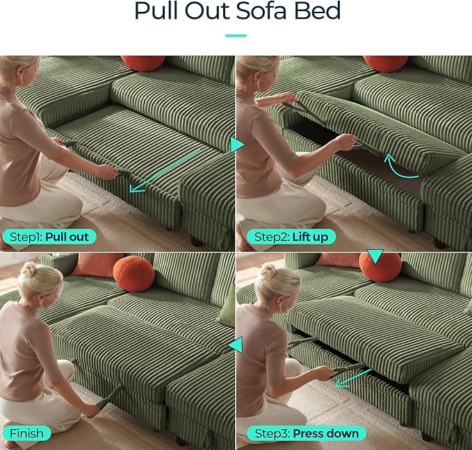 LINSY HOME Sectional Sleeper Sofa Pull Out Couches for Living Room (Green, Sleeper Sofa 3) | Pull Out Sofa Bed, Storage, USB Charging, Cup Holders, Plush Corduroy
