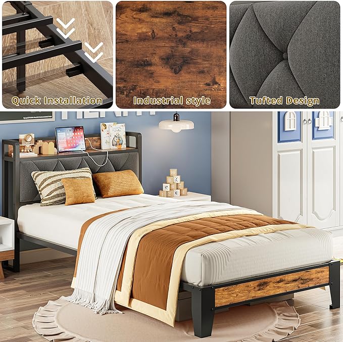 ANCTOR Twin XL Bed Frames, Storage Headboard with Outlets, Easy to Install, Sturdy and Stable, No Noise, No Box Springs Needed - Perfect for a Good Night's Sleep