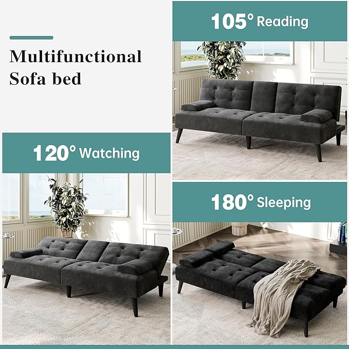 Meilocar 64" Futon Sofa Bed, 64" Convertible Loveseat with 2 Cup Holders, Small Couch with 3 Adjustable Angles & Removable Armrest, Modern Sleeper Sofa for Apartment,5.3 FT, Black