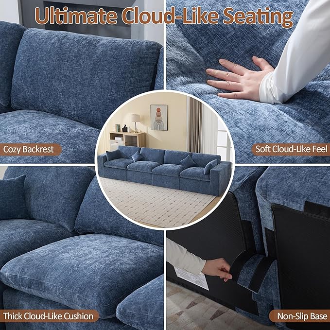 146''Cloud Boneless Sectional Couch, Modular Sectional Sofa Deep Seat, Oversized Upholstered Convertible Comfy 4 Seater Chenille Memory Foam Sofa Couches for Living Room, Blue