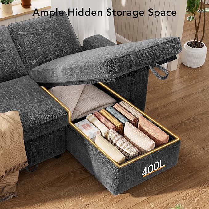 Vipbear Chenille Sleeper Sofa Bed, 82" Pull Out Couch with Reclining Backrest/Reversible Storage Chaise, 3 in 1 L-Shaped Couch with Armrest Storage | Cup Holder | Tool-Free Assembly | Grey
