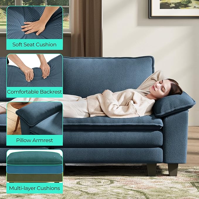 LINSY HOME Modular Sectional Sofa - Oversized Corduroy Cloud Couch with Movable Ottoman Soft Modern Comfy Sofa Set for Living Room Apartment Office, Blue