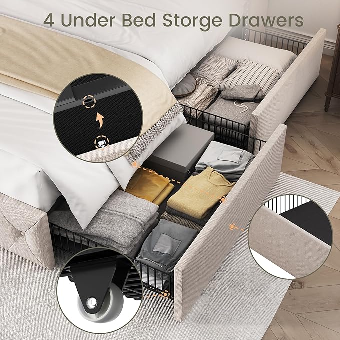 LARMACE Full Size Bed Frame with 4 Storage Drawers and 47.2" Tall Wingback Headboard Linen Upholstered Platform Bed Frame Tufted Beds with Wooden Slats Support, Easy Assembly, Beige