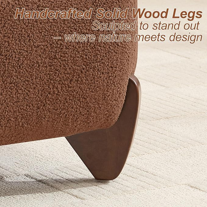 28.7" Sherpa Boucle Ottoman with Solid Wood Legs, Modern Upholstered Footstool, Comfy Ottoman for Living Room, Bedroom, Caramel