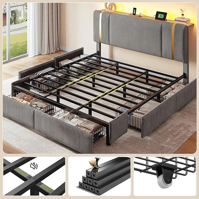 Homkdom King Size Bed Frame with 6 Storage Drawers, Soft Upholstered Bed Frame King with Adjustable Tall Corduroy Headboard, LED Light & Charging Station, 1200-LB Heavy Duty Metal Support,Modern,Grey