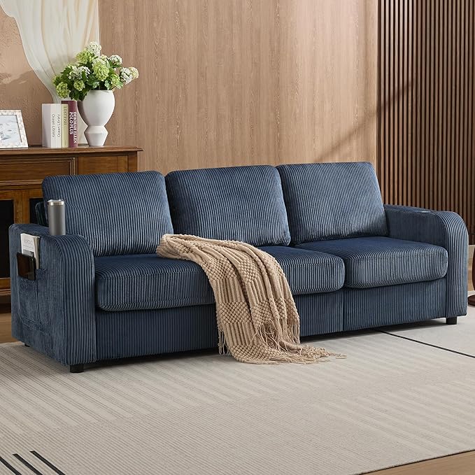 87.4" Oversize 3 Seater Couch,Modern Upholstered Sofa for Living Room, Deep Seat Comfy Loveseat Couch with Cup Holders,Corduroy Love Seat Sofa (Blue)