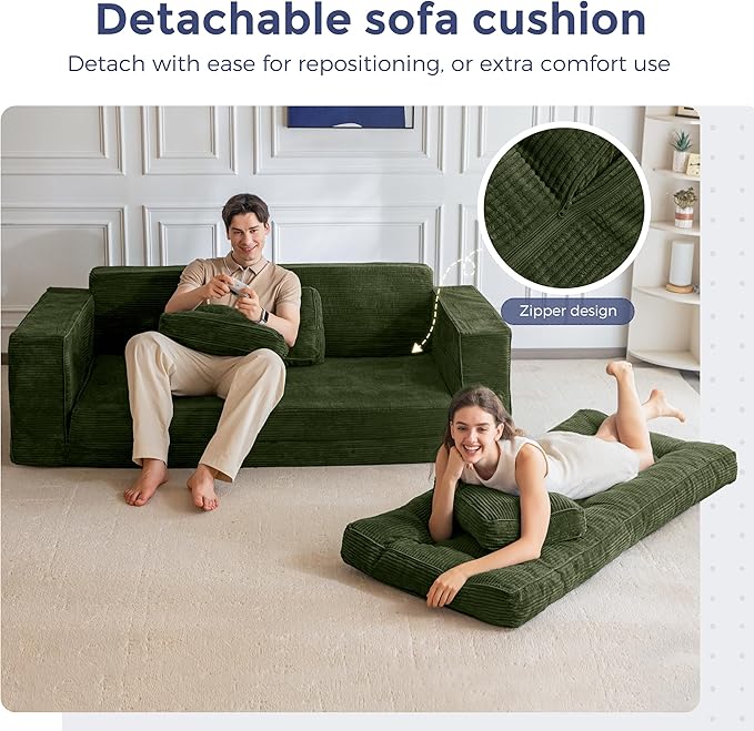 MAXYOYO Convertible Sofa Bed, Pull Out Loveseat Sleeper Sofa, 2 in 1 Folding Couch Bed, Fold Out Floor Couch with Pillows for Living Room Bedroom Lounge, Dark Green