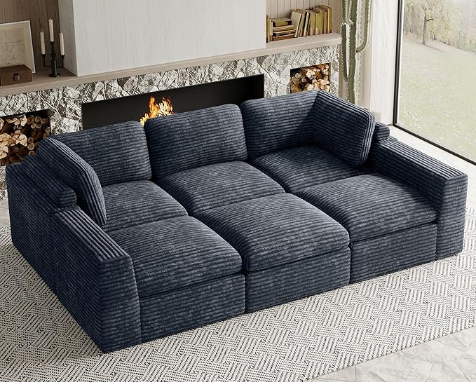 Belffin Boneless Modular Cloud Sectional Sleeper Sofa Bed Plush Corduroy Boneless Sectional Couches for Living Room with Ottoman No Assembly Required. Grey Couch