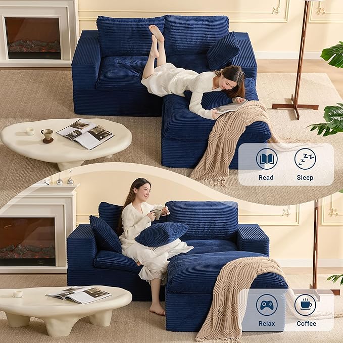 74.8” Set of Cloud Couch, Modular Loveseat Sofa, Convertible Sofas Bed, Deep Seat Sofa, Cozy Sofa for Living Room, Office and Bedroom, L Shaped Cozy Sofa Furniture Set, Corduroy, Blue