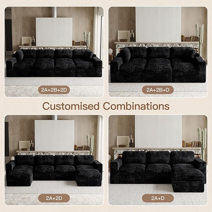 Belffin Boneless Modular Cloud Sectional Couch with Deep Seat Plush Corduroy 3-Seater Boneless U Shaped Couch with Ottoman No Assembly Required. Black Sofa