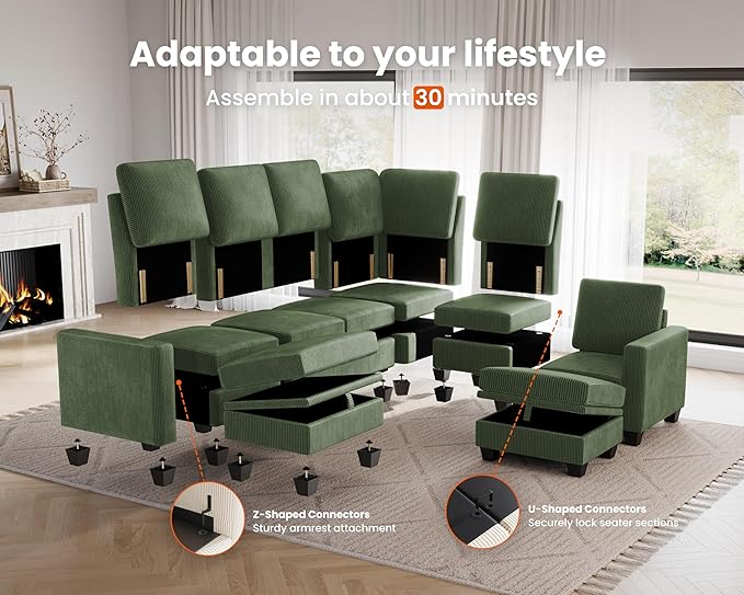 CHIC HOUSE Modular Sectional Sofa with Storage Ottomans, Corduroy Cloud Couch for Small Spaces & Apartments, Reconfigurable L/U Shaped Convertible Corner Sofa, Green, Corner