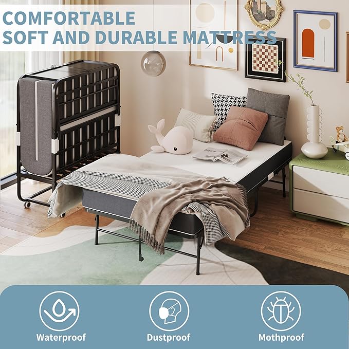 Folding Bed, 74"x38" Portable Beds for Adults, Heavy Duty Sturdy Metal Frame, Foldable Bed on Wheels for Twin Size, Space Saving Rollaway Bed for Guest Easy Storage (Headboard)