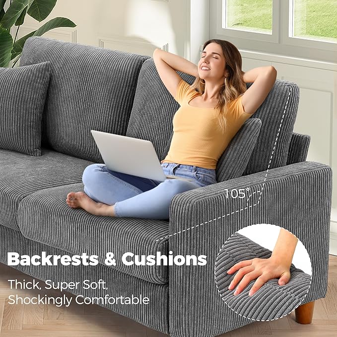 Kidirect 70in U Shaped Couch, Modular Sofa No Tool Assembly, Comfy Sectional Couches for Living Room 21in Deeper Seats, Corduroy Sofas for Living Room with 2 Pillows, Loveseat Sofa Set, Grey Couch | Comfy Corduroy, Oversized 70in Couch, 700LB Tough, To...