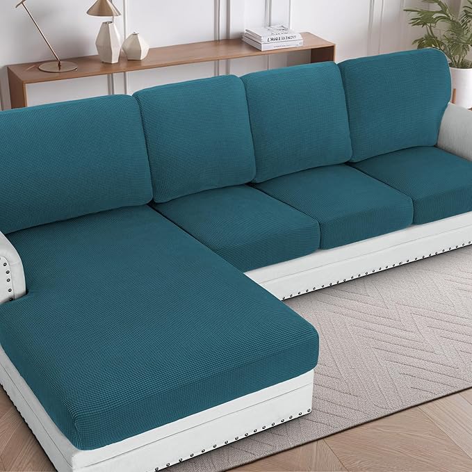 H.VERSAILTEX Sectional Couch Covers 1 Piece Chaise Slipcover L Shape Separate Cushion Couch Cover for Both Left/Right Sectional Couch (Seat Only: 1 Chaises, Deep Teal)