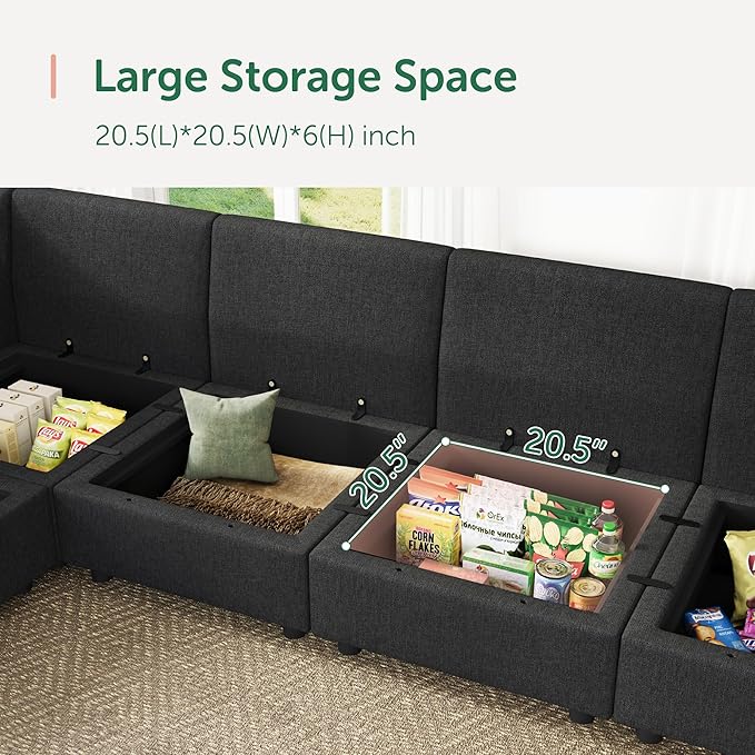 HONBAY Modular Sectional Sofa Sleeper Couch with Storage Modular Couch Convertible Couches for Living Room - Linen Grey