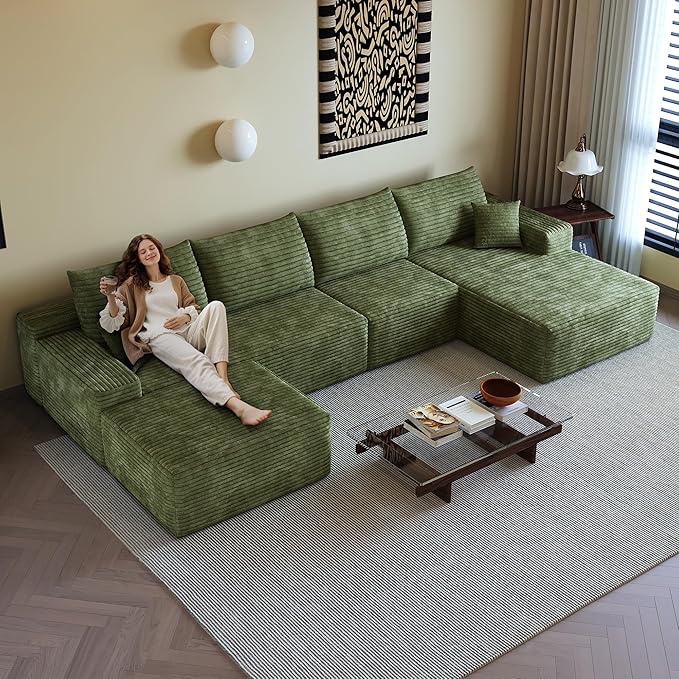 136" Sectional Couches for Living Room Modern Modular Sofa with L-Shape Couchs Upholstered Boneless Couch Deep Seat Sectional Couch with Chaise (Green, 136"Right facing chaise+3Seaters+Ottoman)