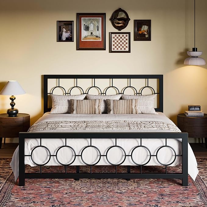 SHA CERLIN King Size Metal Bed Frame with Vintage Circular Design Headboard and Footboard,No Box Spring Required,Easy Assembly,Noise-Free,Black