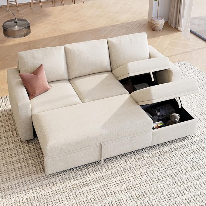 HONBAY Modular Sectional Sleeper Sofa with Pull Out Bed, L Shaped Couch with Storage Seat, Modular Sectional Couches for Living Room - Beige