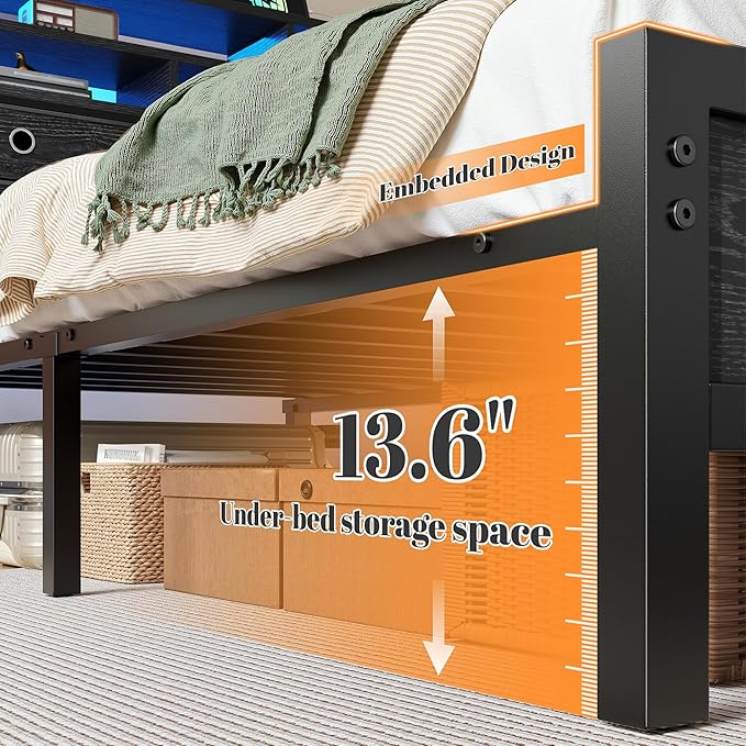 Homkdom Full Size Bed Frame with 2-Tier Storage Headboard and 4 Drawers,Bed Frame Full with LED Lights & Charging Ports,13.6" Under Bed Storage,Metal Full Bed 1100LBS Heavy Duty,No Noise,Modern Black
