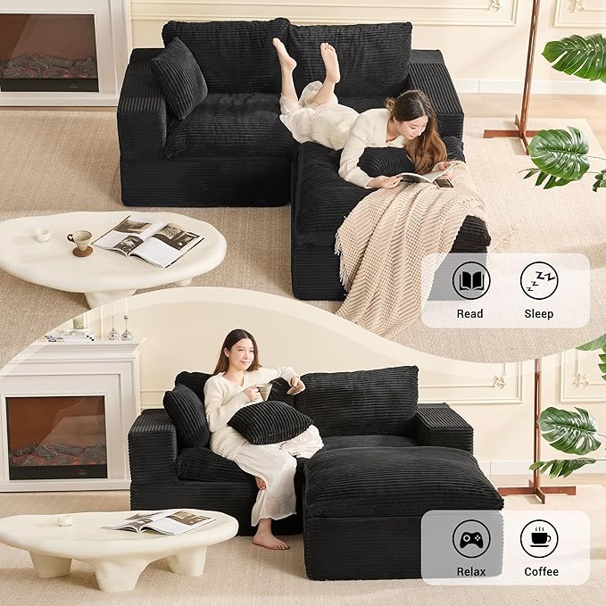74.8” Set of Cloud Couch, Modular Loveseat Sofa, Convertible Sofas Bed, Deep Seat Sofa, Cozy Sofa for Living Room, Office and Bedroom, L Shaped Cozy Sofa Furniture Set, Corduroy, Black